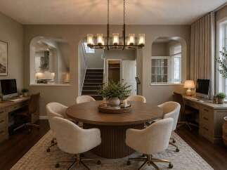 Discover a versatile living space that seamlessly blends a dining area with dedicated workspaces.