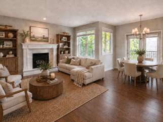Experience elegant living in this beautifully staged home, featuring a cozy living room with a fireplace and a spacious sectional sofa.