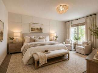 Experience serene luxury in this beautifully appointed bedroom, featuring a plush king-size bed with a tufted headboard and an abundance of decorative pillows.