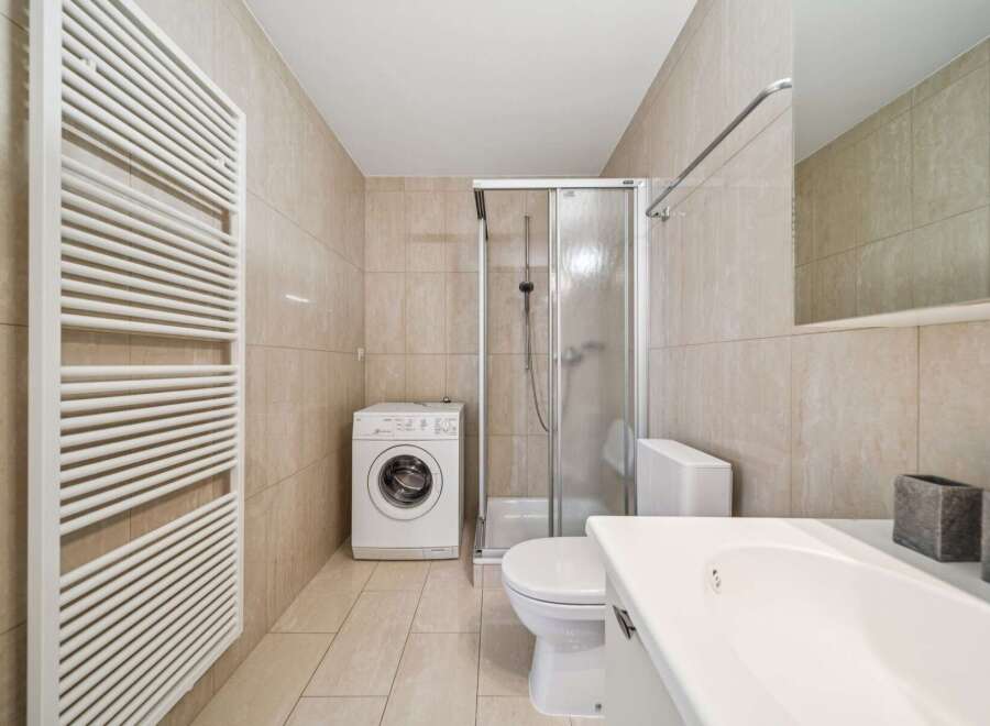 This modern bathroom features a convenient washing machine, a sleek shower enclosure, and a comfortable toilet.