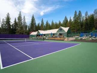 Experience luxury living with this stunning property featuring a vibrant purple tennis court, perfect for enthusiasts.