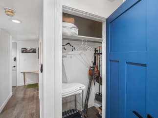 Discover convenient storage solutions with this well-organized closet, featuring a vacuum cleaner, broom, and ironing board.