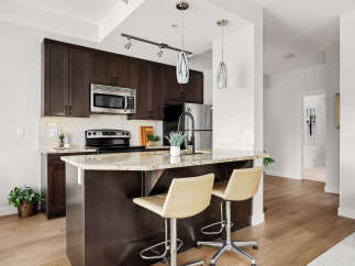 Experience modern living in this stunning kitchen featuring dark wood cabinetry, granite countertops, and a sleek island perfect for casual dining.