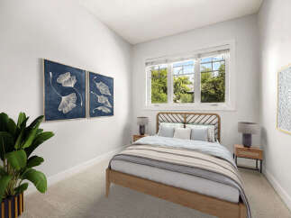 This inviting bedroom features a stylish wooden bed with a unique headboard, complemented by soft, neutral bedding.
