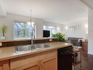 This spacious kitchen features a double stainless steel sink, ample counter space, and a dishwasher, perfect for entertaining.