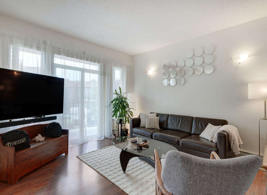 Experience modern living in this stylish living room, featuring a sleek dark leather sofa and a contemporary glass coffee table.