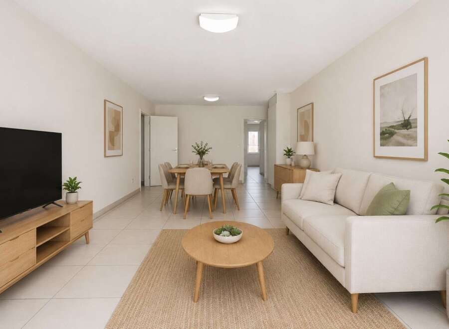 Experience modern living in this beautifully staged open-concept living and dining area.