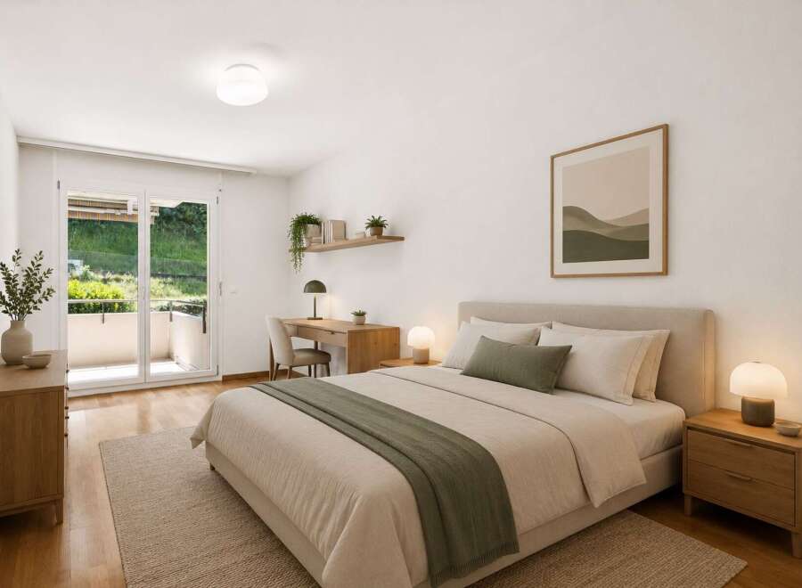 Discover this serene bedroom featuring a comfortable bed with plush linens and a calming green accent throw.