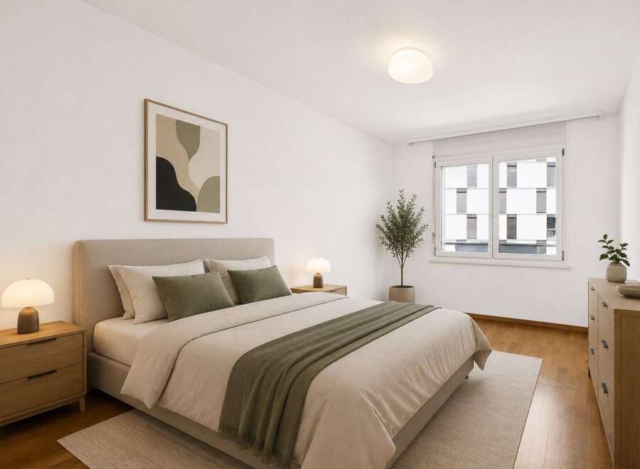 Experience modern comfort in this beautifully staged bedroom, featuring a plush king-size bed with elegant neutral bedding and accent pillows.