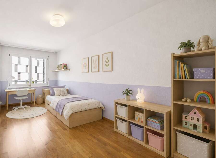 This charming children's bedroom features a cozy twin bed with playful bedding and ample storage drawers.