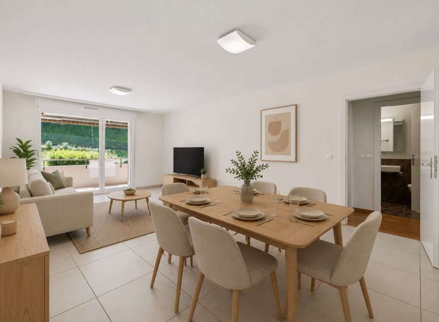 Experience modern living in this beautifully appointed dining and living area, featuring a sleek dining table set for six and a comfortable sofa.