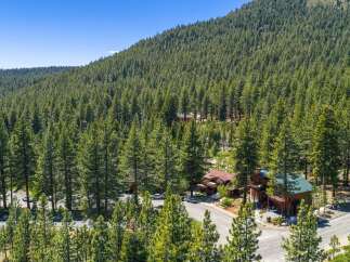 Nestled amidst a dense forest of towering pine trees, this property offers a serene mountain retreat.