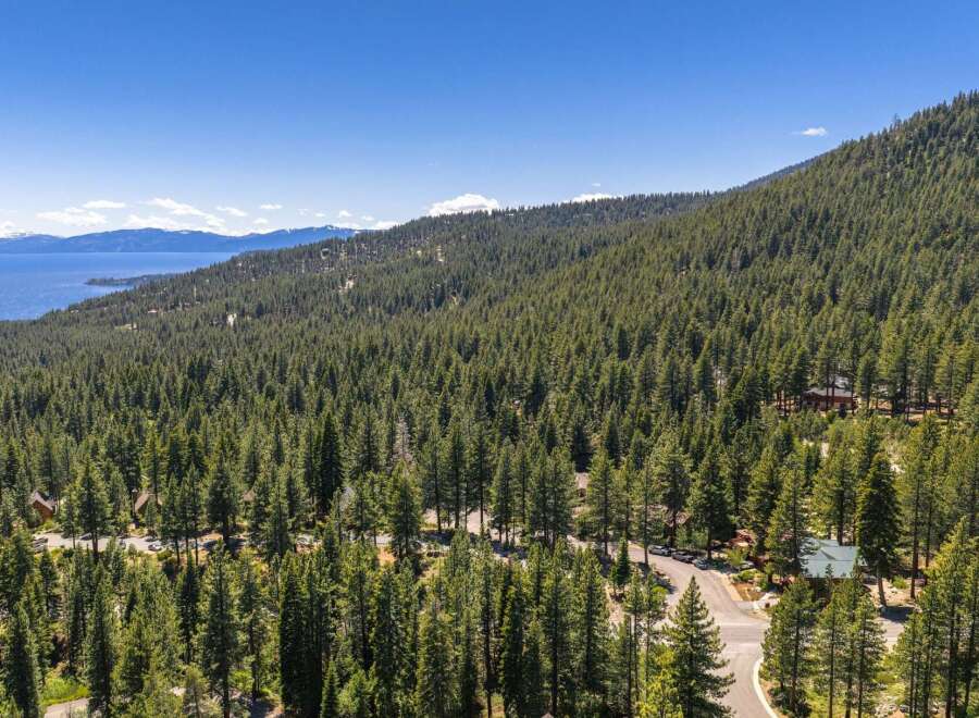 Experience the serene beauty of this mountain retreat, nestled amidst a dense forest with breathtaking views of a distant lake and snow-capped mountains.