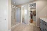 Step into this luxurious master bathroom featuring a spacious glass-enclosed shower and a walk-in closet with ample storage.