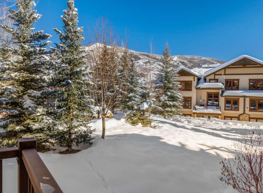 Experience the ultimate winter wonderland with this stunning property nestled amidst snow-covered pine trees and majestic mountains.