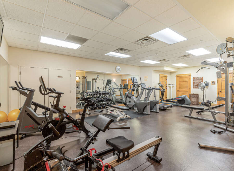 This well-equipped gym features a variety of cardio machines including treadmills, ellipticals, and stationary bikes, perfect for your daily workout.