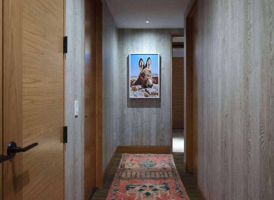 This hallway features a striking portrait of a donkey, adding a unique artistic touch to the space.