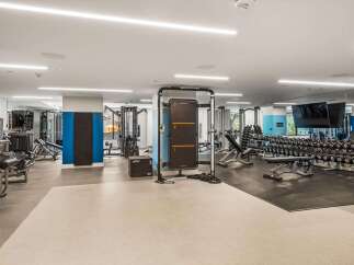 This modern gym features a wide array of strength training equipment, including a multi-functional cable machine and a comprehensive dumbbell rack.