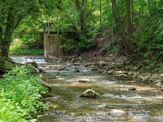 Discover a serene natural retreat with this charming property, featuring a picturesque stream flowing through lush greenery.