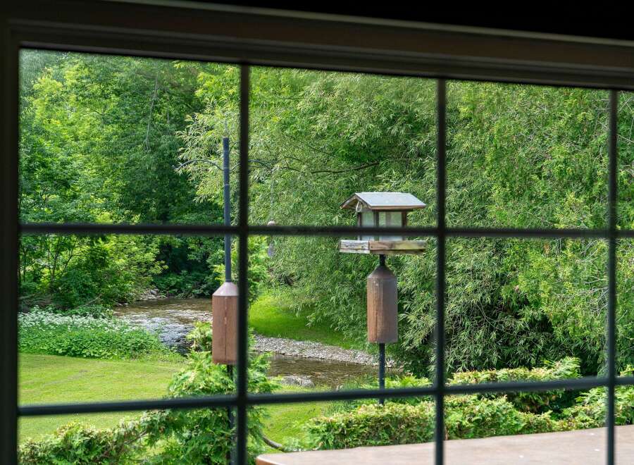 Enjoy serene living with this picturesque view of a flowing creek and lush greenery right from your window.