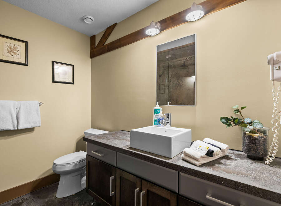 This modern bathroom features a sleek vessel sink atop a dark wood vanity, complemented by a wall-mounted hairdryer and decorative accents.
