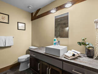 This modern bathroom features a sleek vessel sink atop a dark wood vanity, complemented by a wall-mounted hairdryer and decorative accents.