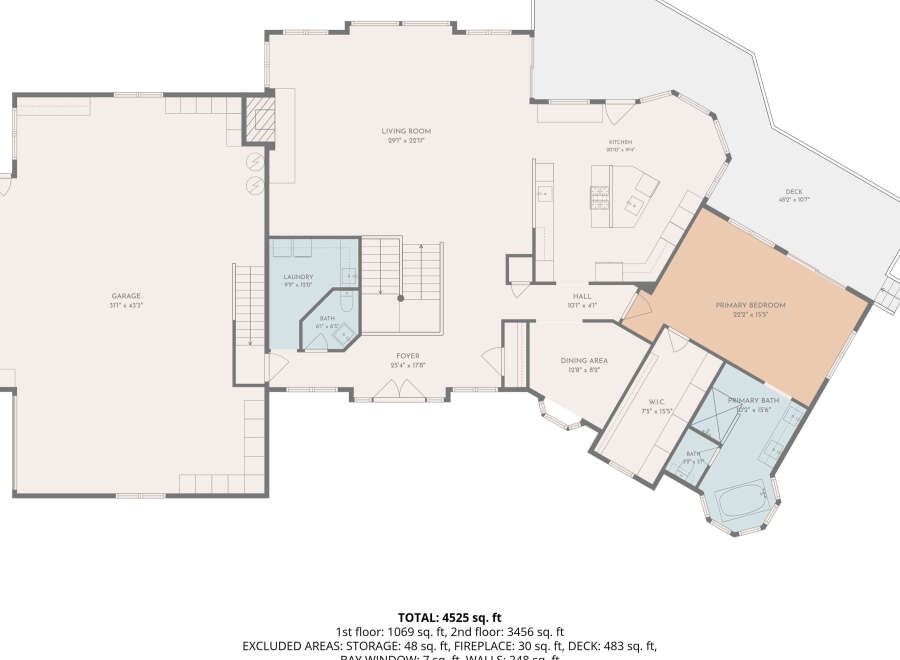 Explore this expansive floor plan featuring a grand living room, a spacious kitchen, and a luxurious primary bedroom suite.
