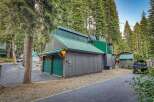 Nestled amidst towering pine trees, this unique property features a striking modern cabin with a vibrant green metal roof and complementary siding.