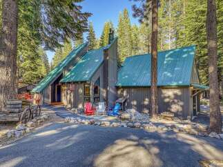 Nestled amidst tall pine trees, this charming cabin features a distinctive green metal roof and a rustic exterior.