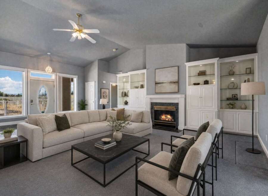 Step into this inviting living room, featuring a spacious sectional sofa perfect for gatherings and a cozy fireplace for warm evenings.