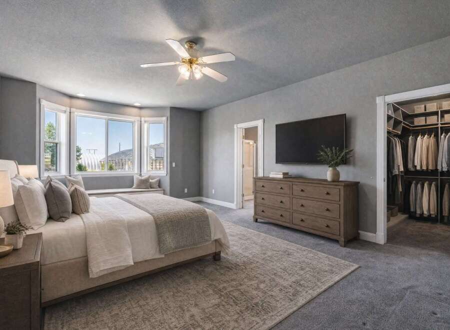 Experience luxury in this master bedroom featuring a spacious walk-in closet and a wall-mounted TV above a classic wooden dresser.