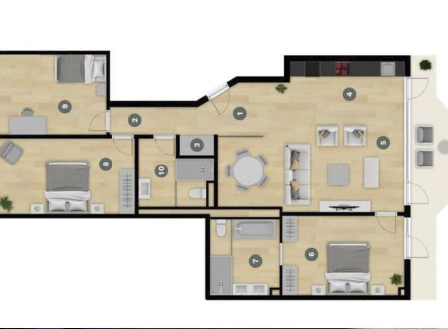Discover this stunning 3-bedroom, 2-bathroom apartment featuring a spacious open-plan living and dining area perfect for entertaining.