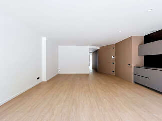 Discover this modern and spacious living area featuring a sleek, minimalist design with light wood flooring and clean white walls.