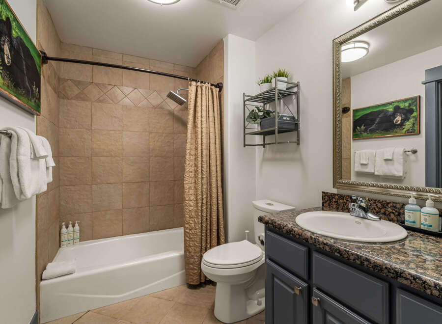 This charming bathroom features a spacious bathtub with a decorative shower curtain and tiled walls, perfect for a relaxing soak.