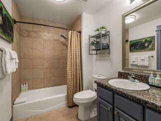 This charming bathroom features a spacious bathtub with a decorative shower curtain and tiled walls, perfect for a relaxing soak.