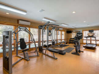 This home gym features a variety of Life Fitness equipment, including a multi-station weight machine, a recumbent bike, and treadmills, perfect for maintaining your fitness routine without leaving home.