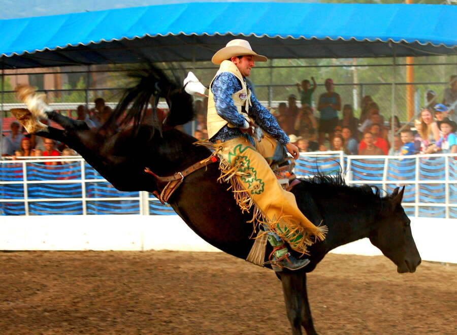 Experience the thrill of the rodeo with this action-packed image.