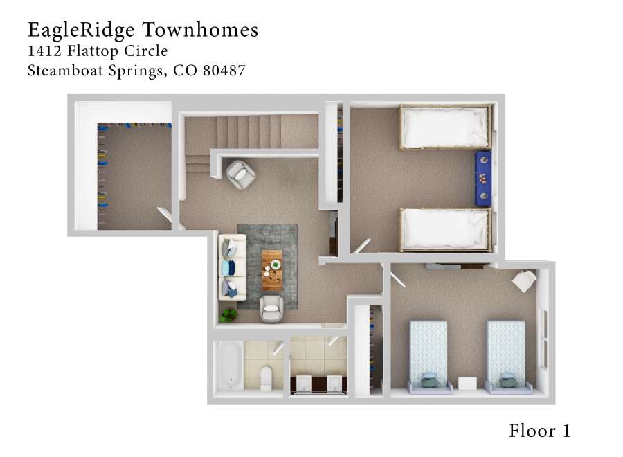 Explore this spacious floor plan at EagleRidge Townhomes, featuring a comfortable living area with a sofa and armchairs, perfect for relaxation.