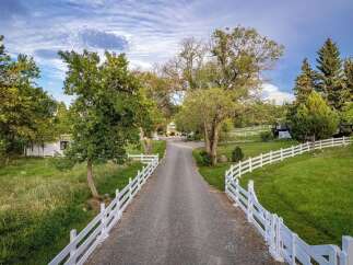 Discover this stunning property featuring a long, tree-lined gravel driveway leading to a beautiful home.