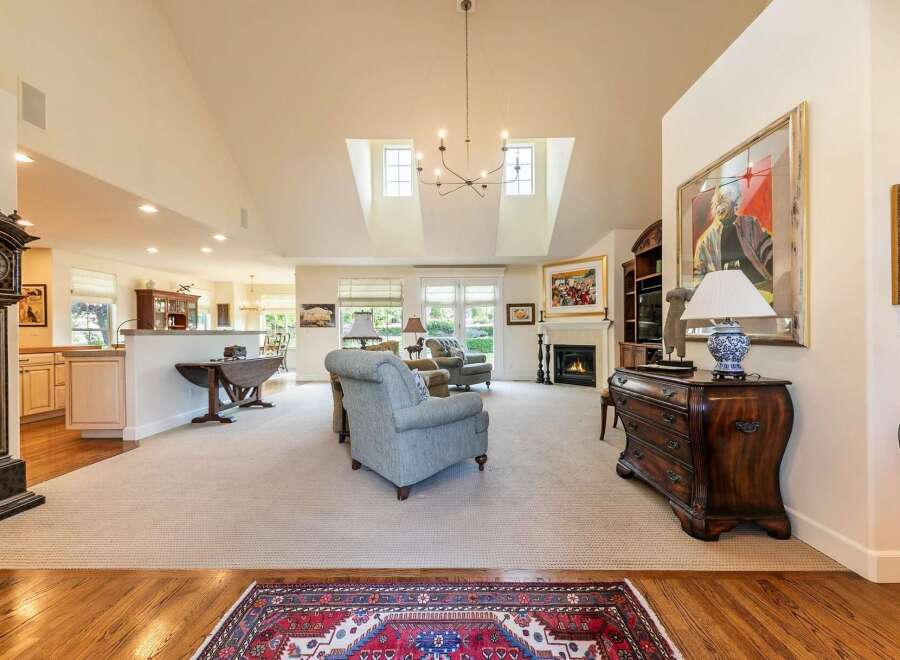 This spacious living room boasts a vaulted ceiling with skylights, a cozy fireplace, and elegant built-in shelving.