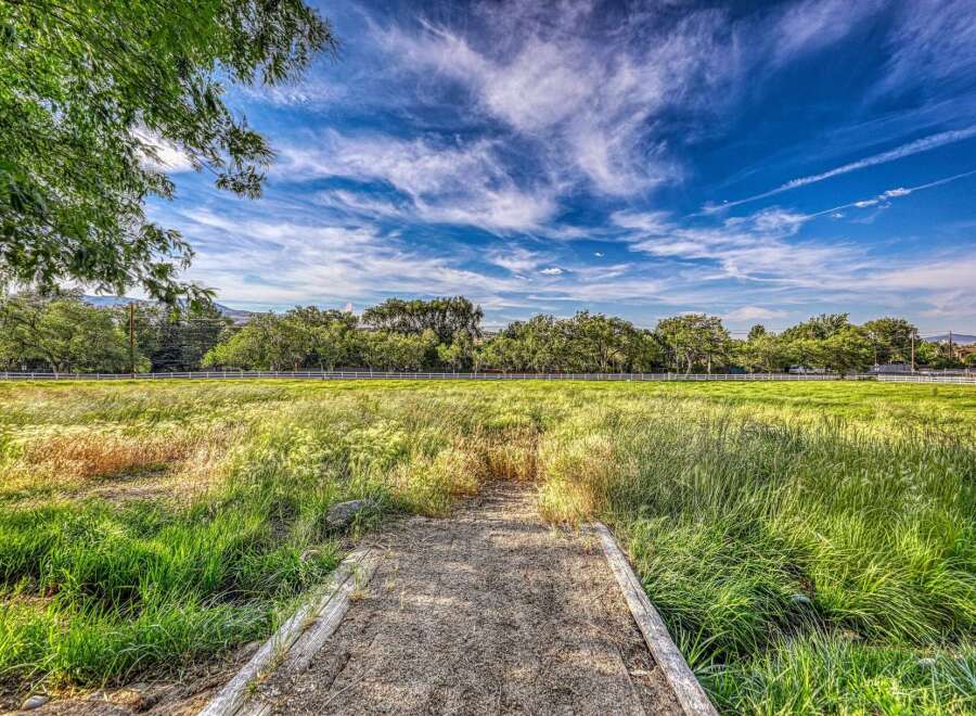 Discover serene living with this picturesque landscape, featuring lush green fields and a vibrant blue sky dotted with wispy clouds.
