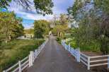 Discover this charming property featuring a long, tree-lined gravel driveway leading to a picturesque white farmhouse.