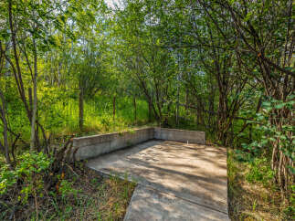 Discover a unique outdoor space with a concrete foundation and surrounding natural greenery.