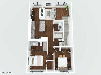Discover this stunning 2-bedroom, 2-bathroom apartment featuring a modern open-concept living area with a sleek kitchen and comfortable seating.