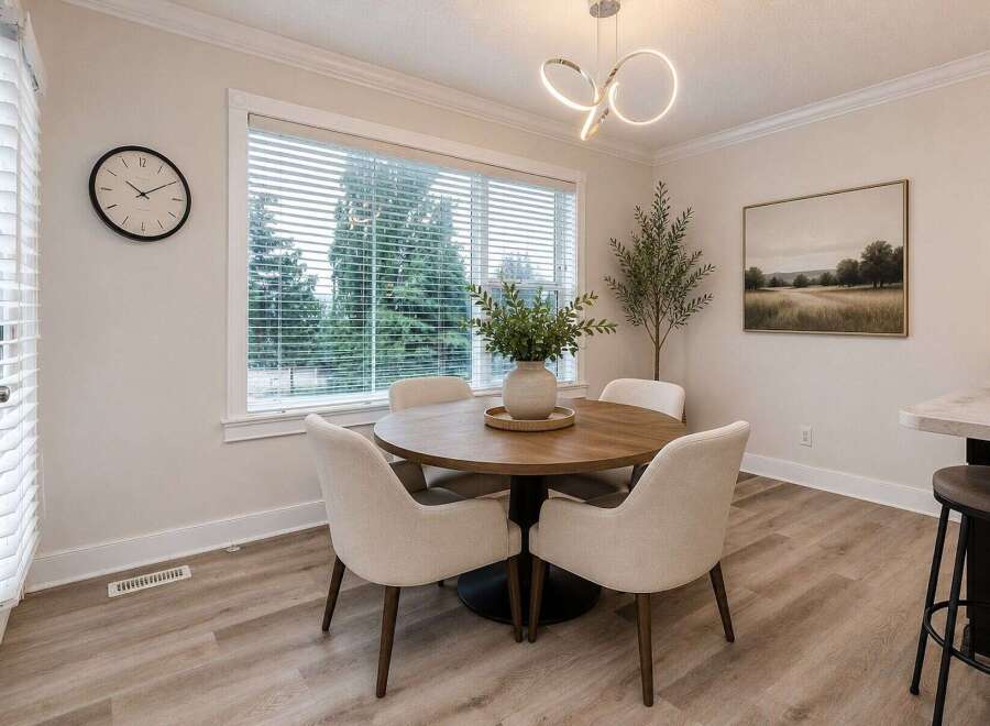 This dining area features a round wooden table with four upholstered chairs, perfect for intimate gatherings.