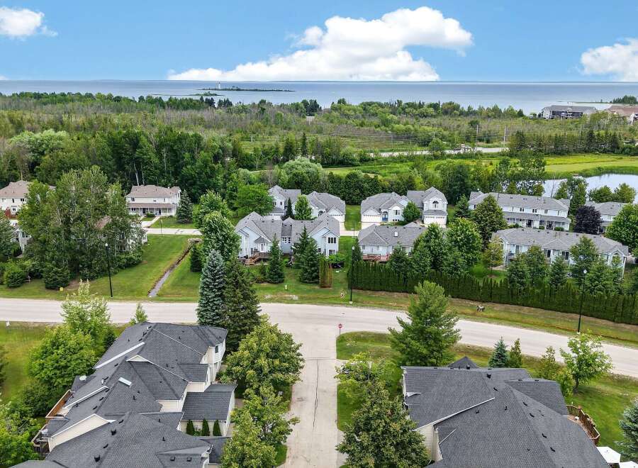 Discover this stunning aerial view of a serene residential community nestled amidst lush greenery and overlooking a tranquil body of water.