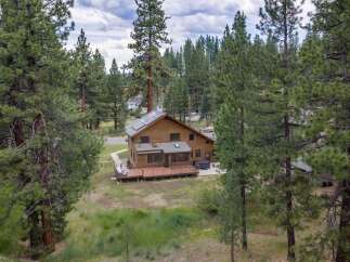 Nestled amidst tall pine trees, this charming wooden home offers a serene retreat.