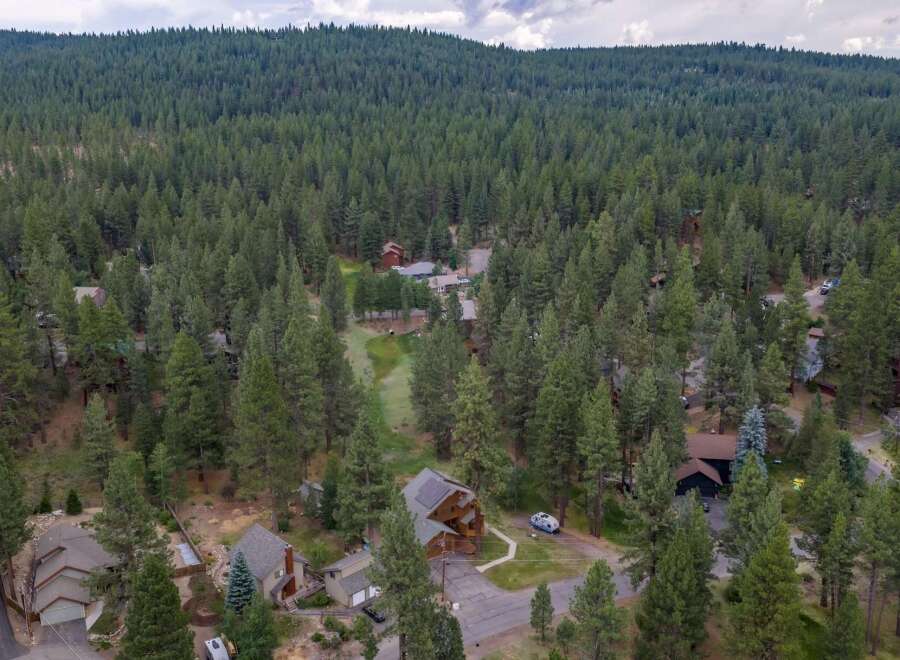 Nestled amidst a dense forest, this property offers a serene retreat with multiple homes scattered among towering pine trees.