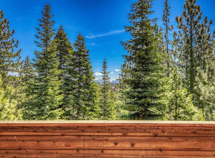 Experience breathtaking mountain views from this stunning property, surrounded by lush evergreen trees.