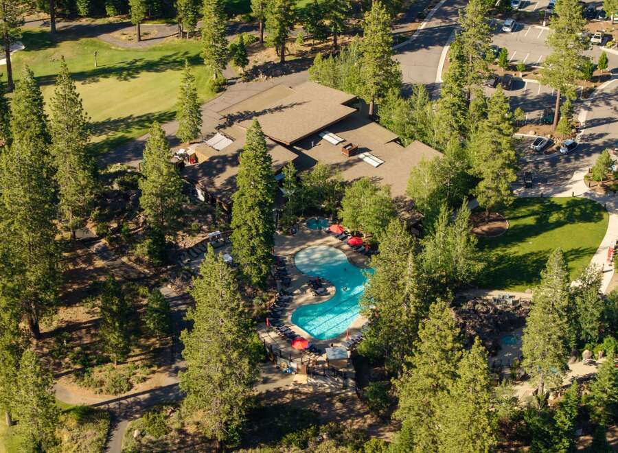 Experience luxury living with this stunning aerial view showcasing a resort-style swimming pool and hot tub nestled amidst lush pine trees.